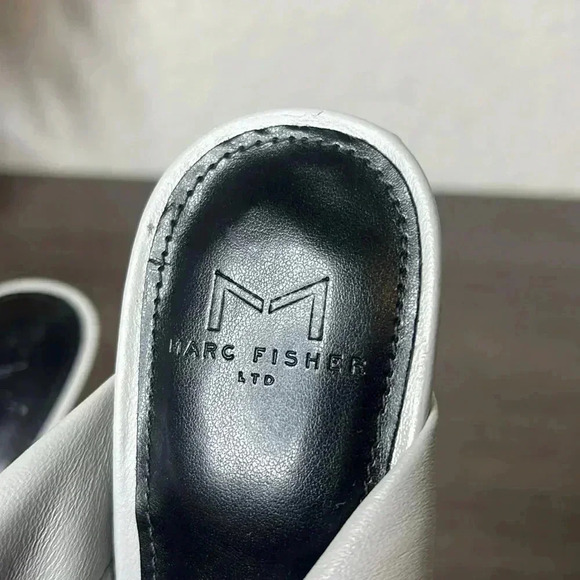 MARC FISHER Gray Knot Comfort Dellian Square Toe Slip On Leather Heeled Sandal - Picture 9 of 12